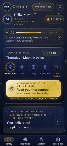 Android phone showing the Today tab: Hello, Maya, a 12-day streak, 139 Cosmic Blessing Points and today's rituals at step 1 of 4 with Read your horoscope next