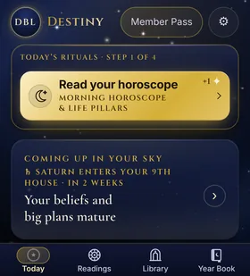 Flip phone cover screen: today's rituals at step 1 of 4 with Read your horoscope, and Saturn enters your 9th house in 2 weeks