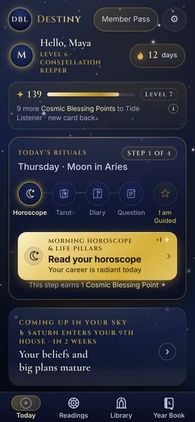 Today tab: Hello, Maya, level 6, a 12-day streak and 139 Cosmic Blessing Points; today's rituals for Thursday, Moon in Aries, at step 1 of 4 with Read your horoscope next; Saturn enters your 9th house in 2 weeks