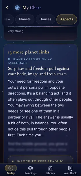 Aspects: 13 more planet links, starting with Uranus opposite the Ascendant, and an Unlock to keep reading prompt