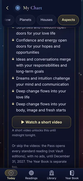 Locked aspects with a Watch a short video button that unlocks them until midnight, and a note that the Pass opens every standard reading with no ads until 31 December 2027