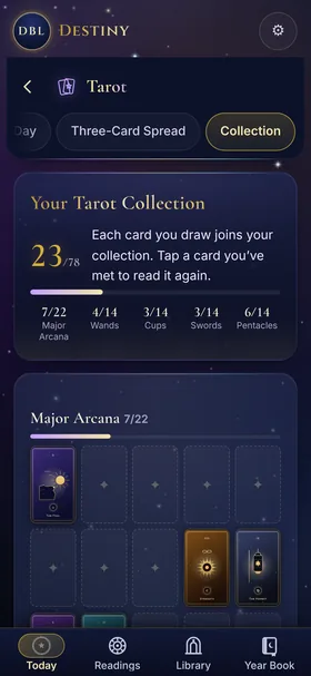 Tarot collection: 23 of 78 cards discovered, with the rest shown as empty slots
