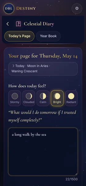 Celestial Diary: your page for Thursday, May 14, with the Moon in Aries, waning crescent, the mood Bright selected, a journal prompt and a short entry