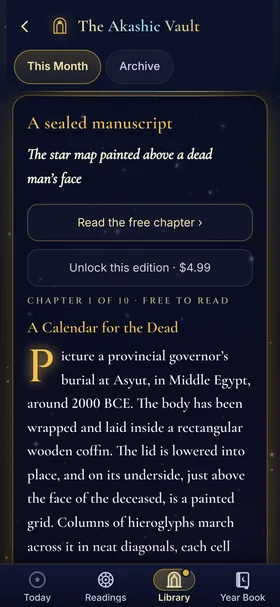 Akashic Vault, This Month: A sealed manuscript, The star map painted above a dead man's face, with Read the free chapter and Unlock this edition for $4.99 buttons, then Chapter 1 of 10, free to read: A Calendar for the Dead