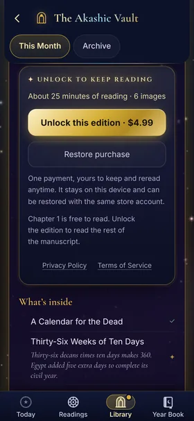 Akashic Vault: Unlock to keep reading, about 25 minutes of reading and 6 images, an Unlock this edition for $4.99 button, Restore purchase, a note that one payment is yours to keep and reread, and the list of what's inside